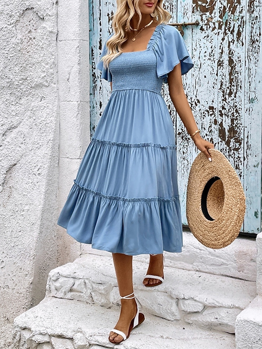 Damen Midikleid Casual kleid Schaukelkleid A Linie Kleid Stilvoll Basic Brautkleider schlicht Urlaub Täglich Regular Fit Glatt Kurzarm Quadratischer Ausschnitt Blau Sommer 2025 - $44.99 –P7