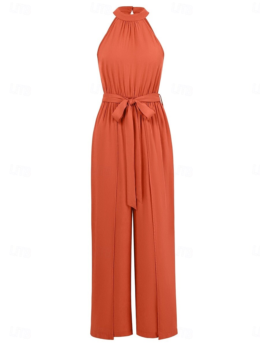 Women's Normal Jumpsuit Active Solid Color Sleeveless Halter Neck High Waist Tie Belt Vacation Daily Regular Fit Red Green Summer 2025 - $42.99 –P9