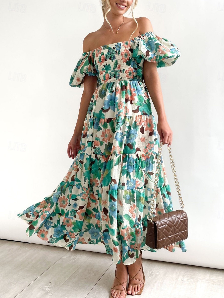 Femme Robe Maxi Robe casual Robe Évasée Robe Trapèze mode Décontractées Vacances du quotidien Standard Floral Manche Courte Epaules Dénudées Bleu Vert Eté de 2025 ? $36.99 –P1