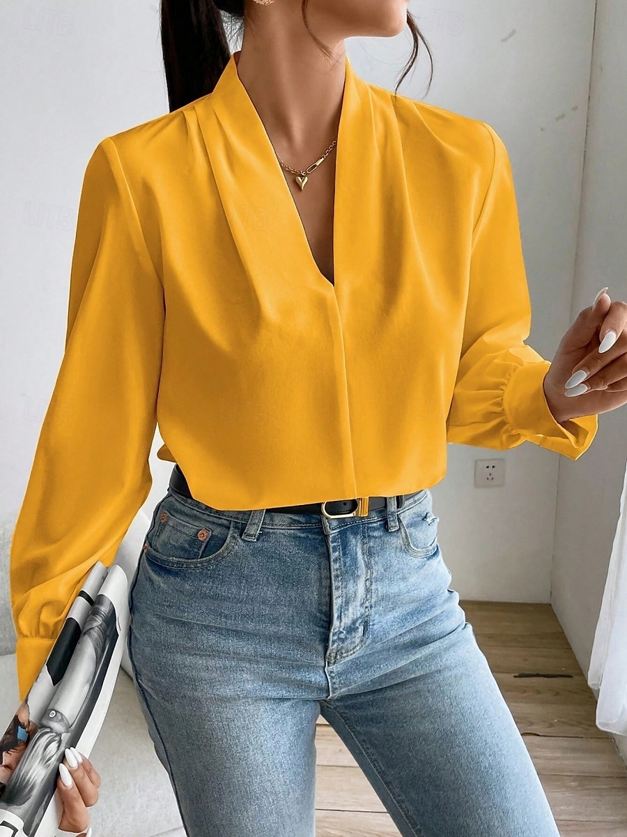 Dame Skjorte Bluse Helfarge Stilfull Fritid Langermet V-hals Vanlige topper Daglig Knapper Lomme Svart Hvit Gul Blå Grønn Sommer Vår 2025 - $31.99 –P25