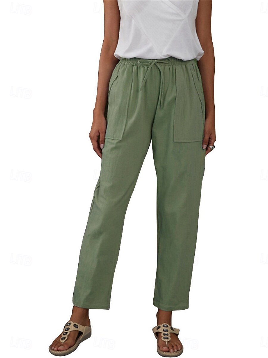 Per donna Pantaloni in cotone e lino Chinos Stile Classico Lunghezza intera Vita Alta Semplice Tasca Fascia Elastica Comodo Morbido Confortevole Micro-elastico All'aperto Streetwear Viola Verde del 2025 a $21.99 –P6