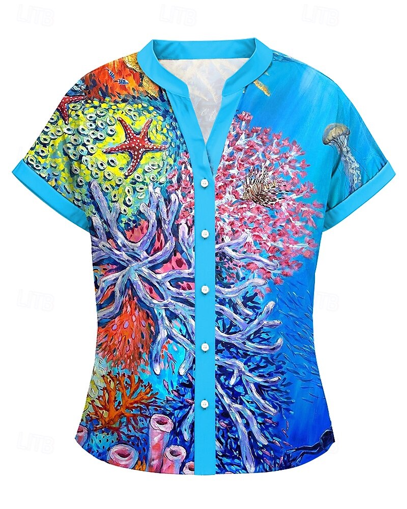 Camisa Feminina Havaiana Gráfica Tops Regulares Manga Curta Colete Botões Estampa Ajuste Form Fit Diária Azul Verão Roupas de Férias Praia de 2025 por $29.99 –P1
