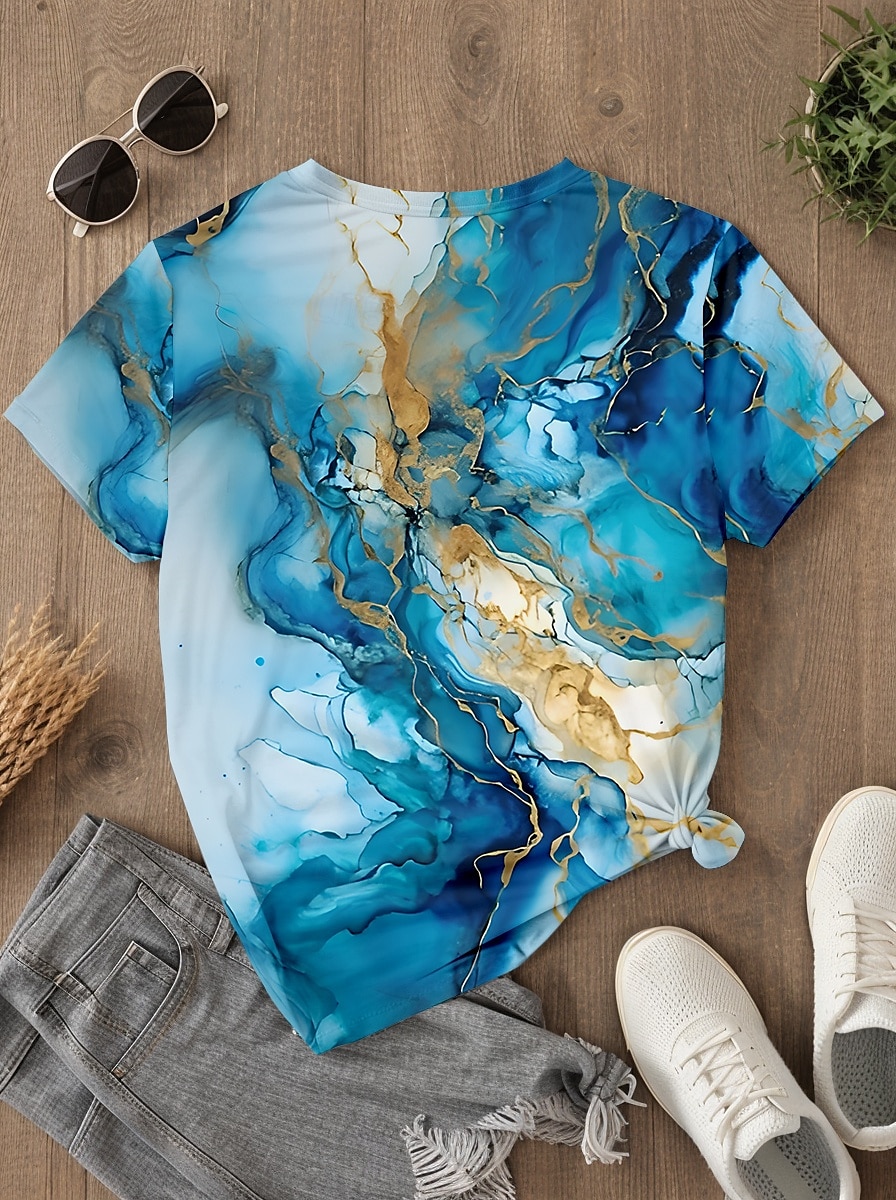 Dames T-shirt Marmeren afdrukken Casual Korte mouw Ronde hals Normale tops Dagelijks Afdrukken blauw Zomer Lente 2025 - $19.99 –P2