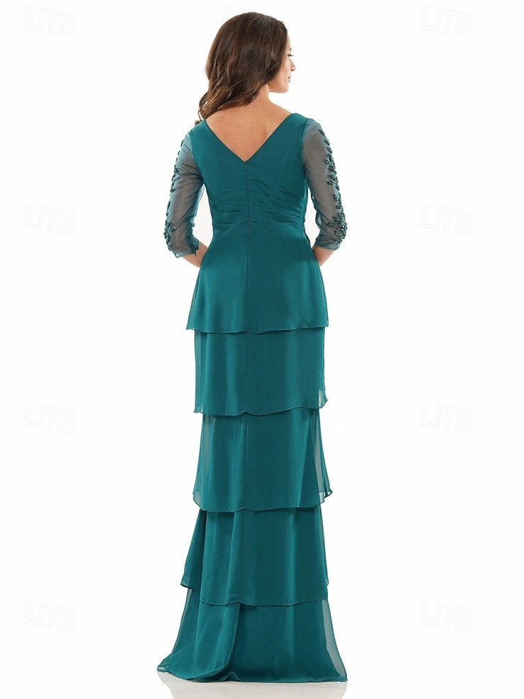 A-Linie Kleid Brautmutterkleid Formell Elegant V Ausschnitt Bodenlang Chiffon Dreiviertelarm mit Stufen Kaskadierende Rüschen Einfarbig 2025 2025 - $161.99 –P2