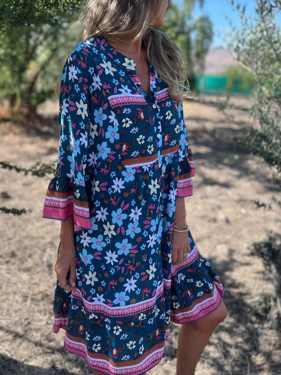 Damskie Sukienka midi Codzienne sukienki Sukienki w stylu boho Bohema Codzienny Boho Urlop Codzienny Plaża Luźna Kwiaty Rękaw 3/4 Kołnierzyk koszuli Granatowy Królewski błękit Fioletowy Lato Wiosna 2025 - $32.99 –P2