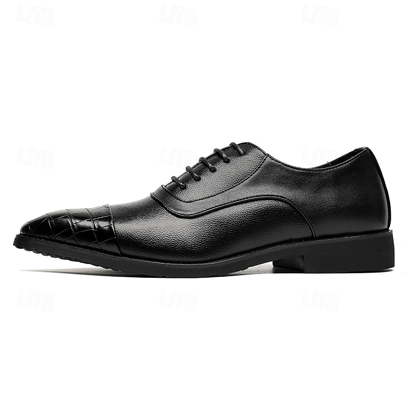 Men's Brown Faux Leather Oxford Shoes with Crocodile-Patterned Toe Cap – Lace-Up Design, Stylish and Comfortable for Casual or Formal Occasions 2025 - $42.99 –P8