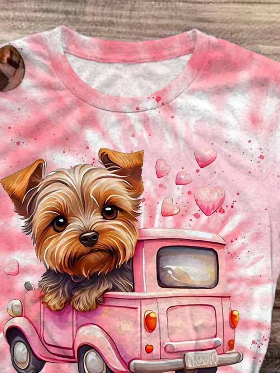 Valentine's Day Women's T Shirt Dog Casual Short Sleeve Round Neck Regular Tops Daily Print Pink Summer 2025 - $19.99 –P3