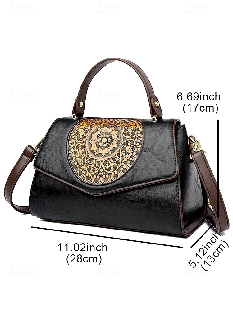 2025年 ヴィンテージフローラルの刻印入りフェイクレザーハンドバッグ - カジュアルにもフォーマルにも使えるトップハンドル付きレディースレトロクロスボディバッグ ワイン ブラック ホワイト  コレクション – $46.99 –P2