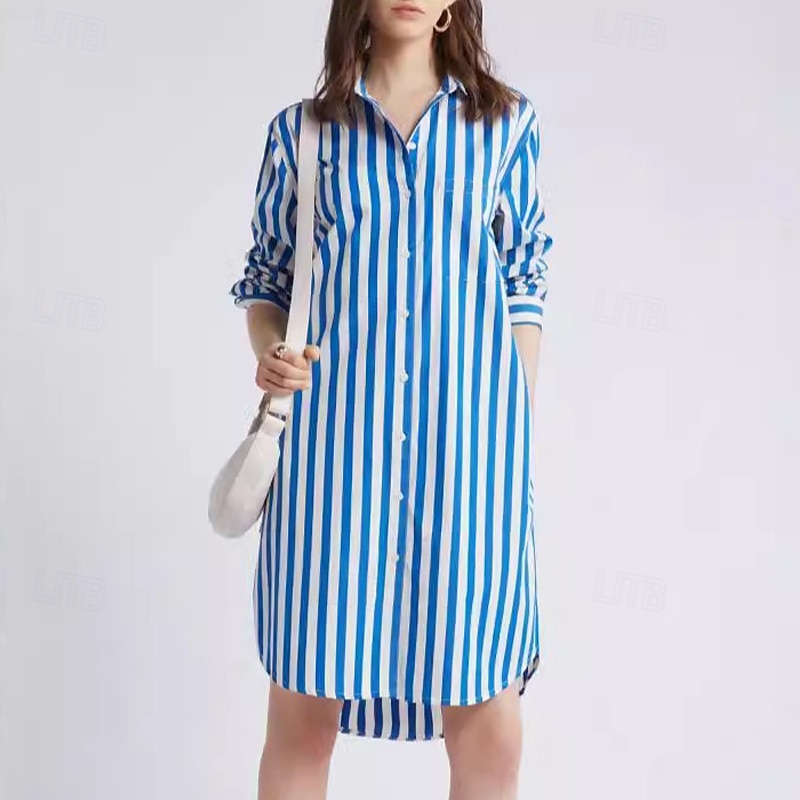 Pentru femei Rochie Mini Rochii Tip Cămașă Rochie casual Rochie de vară Stilat Casual Vacanță Zilnic Dată Fit regulat Dunga Manșon Lung Rever Albastru piscină Vară Primăvară 2025 - $25.99 –P3