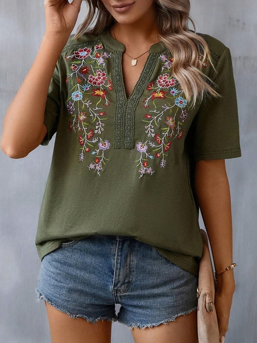 Women's Shirt Blouse Floral Stylish Casual Short Sleeve Notched Neck Regular Tops Daily Embroidered Army Green Navy Blue Summer 2025 - $32.99 –P7