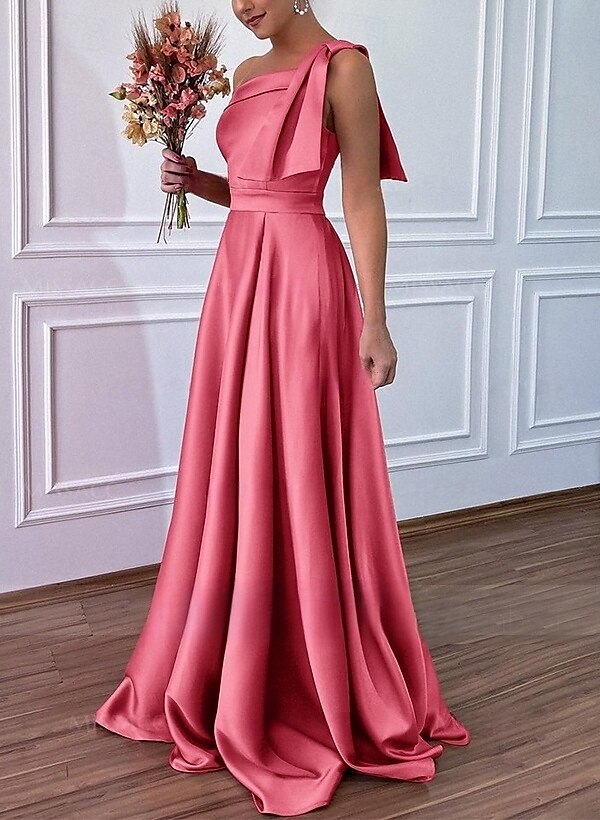 A-Linie Brautjungfernkleid Ein Schulter Ärmellos Elegant Bodenlang Satin mit Schleife(n) 2025 - $171.99 –P1