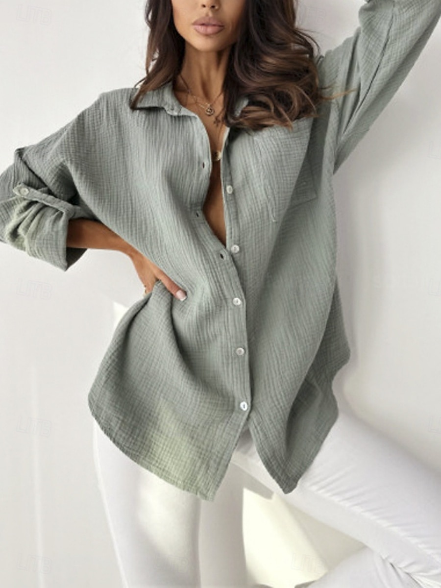 Dame Skjorte Bluse Helfarge Stilfull Fritid Langermet Skjortekrage Vanlige topper Daglig Knapper Rosa Grå Sommer 2025 - $24.99 –P1