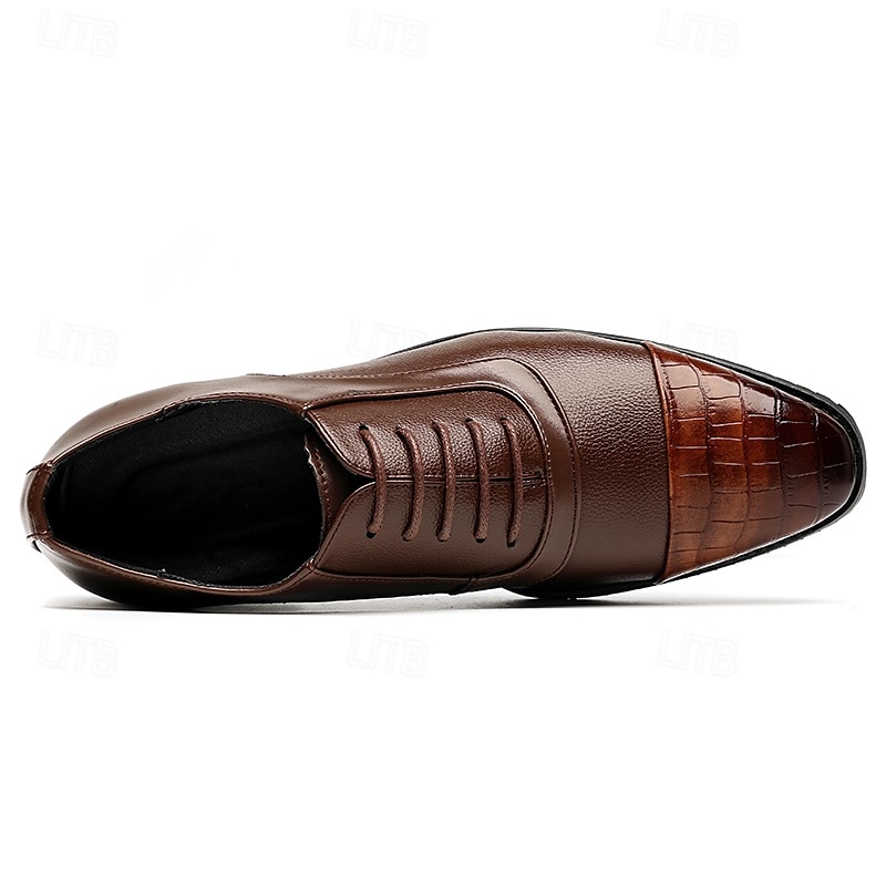 Men's Brown Faux Leather Oxford Shoes with Crocodile-Patterned Toe Cap – Lace-Up Design, Stylish and Comfortable for Casual or Formal Occasions 2025 - $42.99 –P4