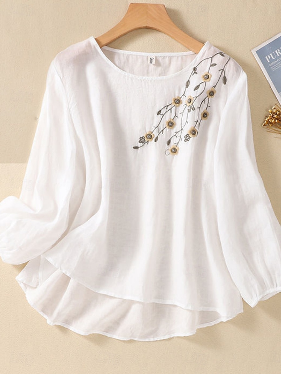 Femmes Chemise Chemisier Chemises en coton et lin Couleur Unie Basique Occasionnel manche longue Col ras du cou Hauts Réguliers Quotidien Broderie Blanche Rose Claire Fuchsia Vert Été Printemps de 2025 ? $21.99 –P10