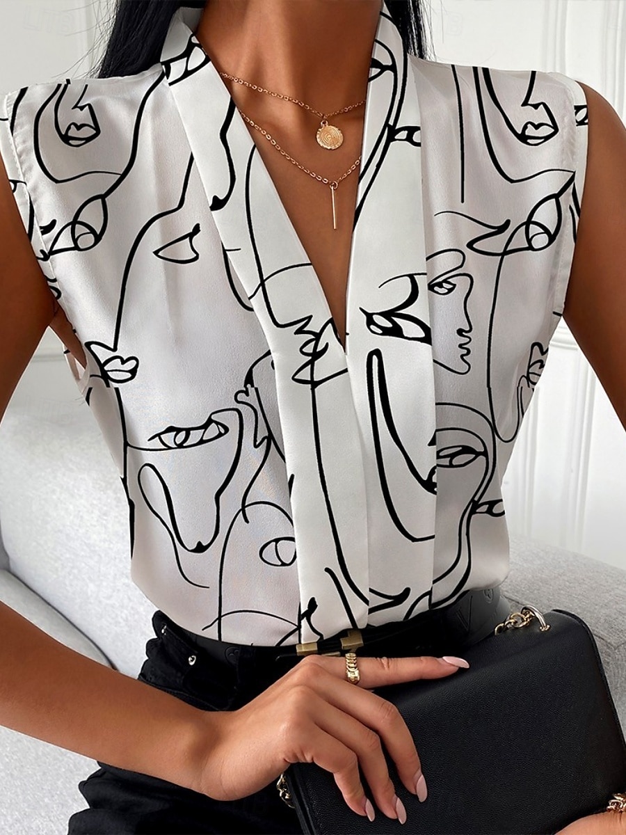 Per donna Camicia Blusa Fantasia geometrica Alfabetico Moda Informale Senza maniche A V Top regolari Giornaliero Stampa Bianco Blu marino Estate Primavera del 2025 a $29.99 –P1