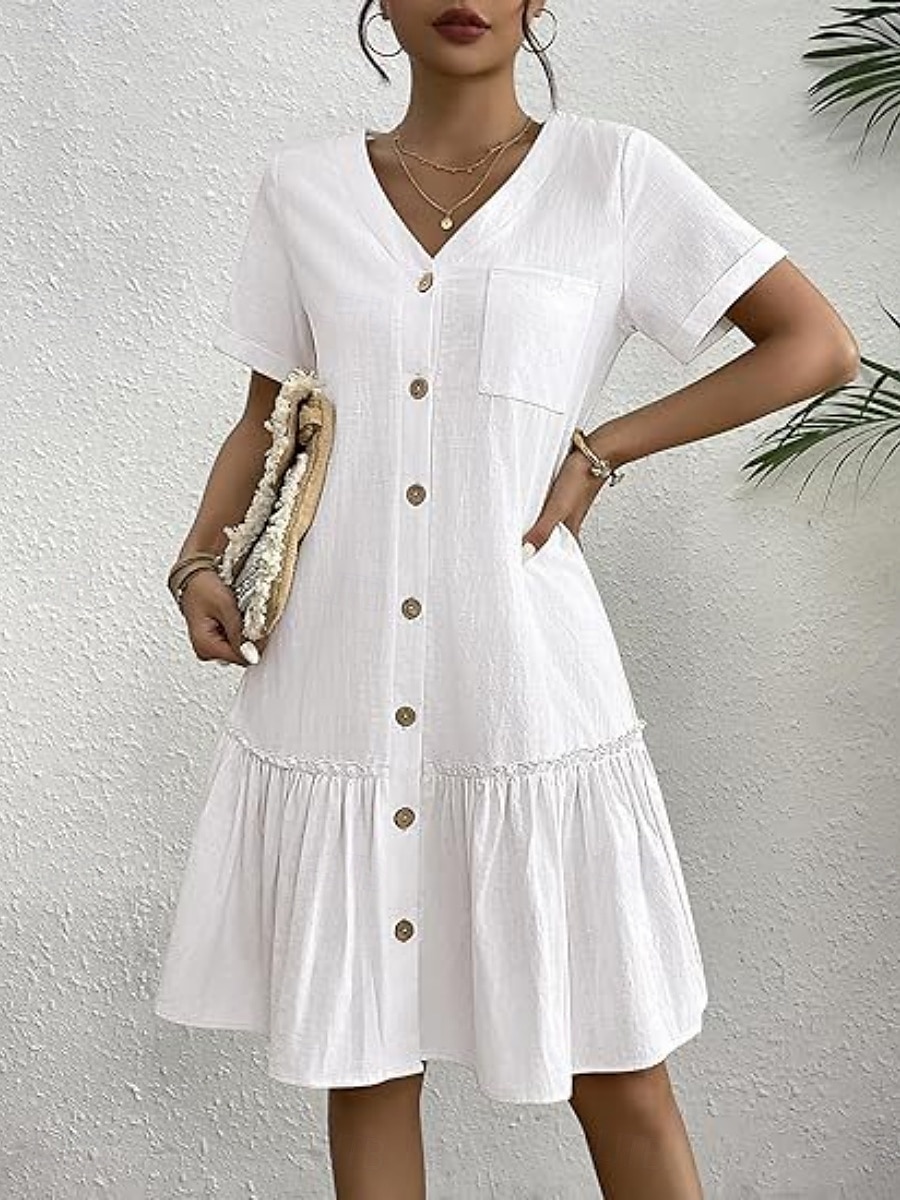 Femmes Mini Robe Robes en coton et lin Élégant Basique Occasionnel Quotidien Coupe régulière Uni Manche Courte Col en V Blanche Jaune Été de 2025 ? $22.99 –P1