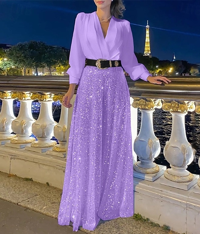 Jumpsuits Mother of the Bride  Formal Elegant V Neck Floor Length Sequined Long Sleeve with Sequin Solid Color 2025 2025 - $120.99 –P6