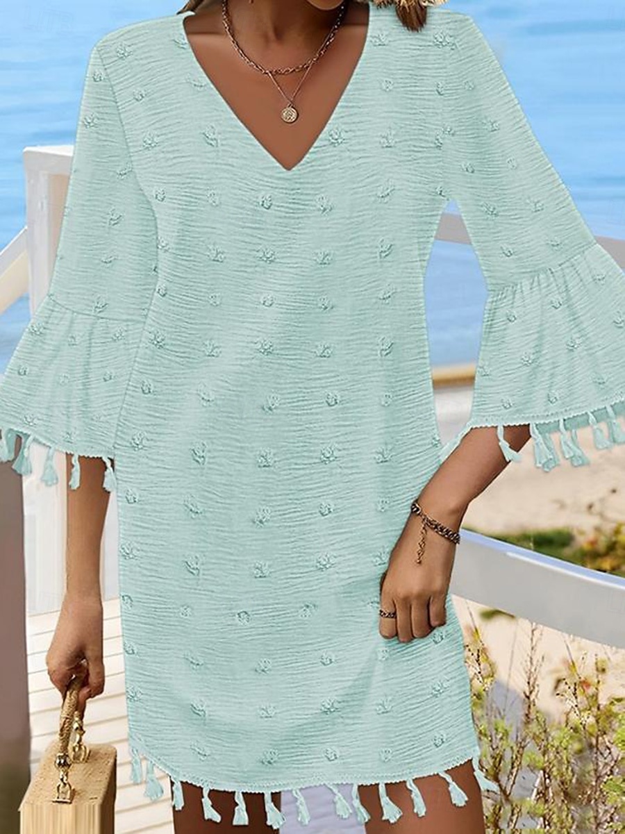 Damen Minikleid Weißes Kleid Brautkleider schlicht Ausgestellter Ärmel Urlaub Täglich Lockere Passform 3/4 Ärmel V Ausschnitt Weiß Hellgrün Sommer 2025 - $31.99 –P10