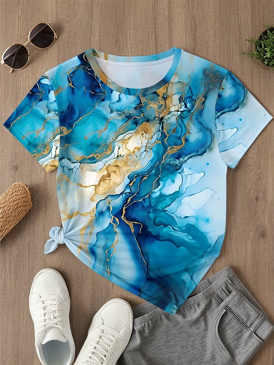 Dames T-shirt Marmeren afdrukken Casual Korte mouw Ronde hals Normale tops Dagelijks Afdrukken blauw Zomer Lente 2025 - $19.99 –P1