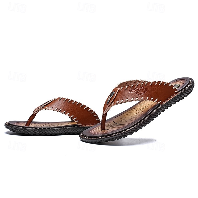 Chanclas vintage de piel sintética marrón para hombre: sandalias de verano con punta abierta hechas a mano con suela antideslizante para playa, viajes y uso informal 2025 - $29.99 –P6