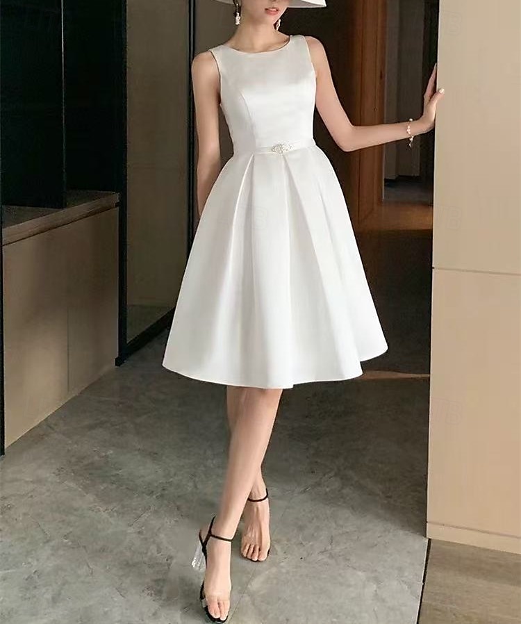 Robe da laurea bianche boho abiti da sposa abito a-line scollo a V senza maniche lunghezza al ginocchio in jersey completi da sposa abiti da sposa con cintura  nastri del 2025 a $141.99 –P1