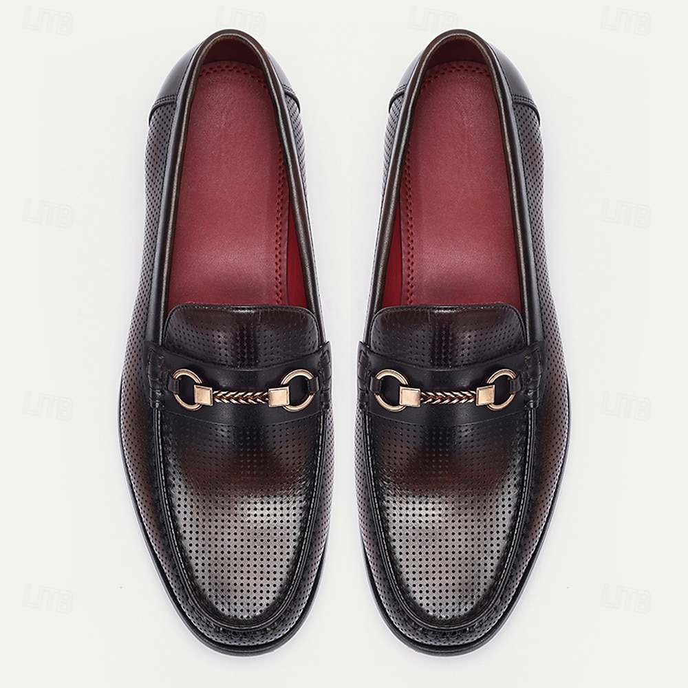 Men's Perforated Brown Leather Loafers – Premium Cowhide, Metal Buckle Decoration, Breathable Business Casual Shoes for Office and Formal Events 2025 - $94.99 –P4