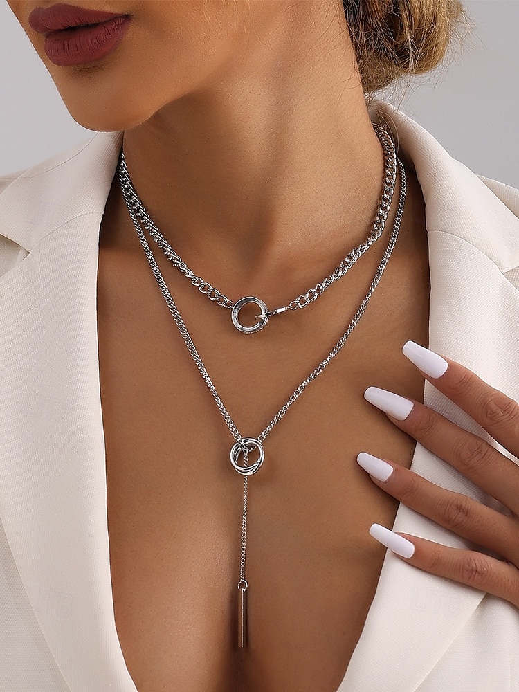 gelaagde zilveren ketting met cirkel- en staafhanger, minimalistische statement sieraden voor vrouwen, perfect voor feestjes, dates en dagelijks gebruik 2025 - $7.99 –P1