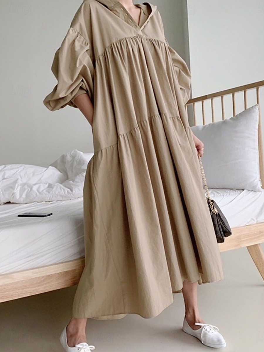 Damen Maxikleid Leinen-inspirierte Kleider Hemdblusenkleid Basic Lässig Urlaub Täglich Normale Passform Einfach Langarm Mit Kapuze Schwarz Khaki Frühling Herbst 2025 - $36.99 –P1