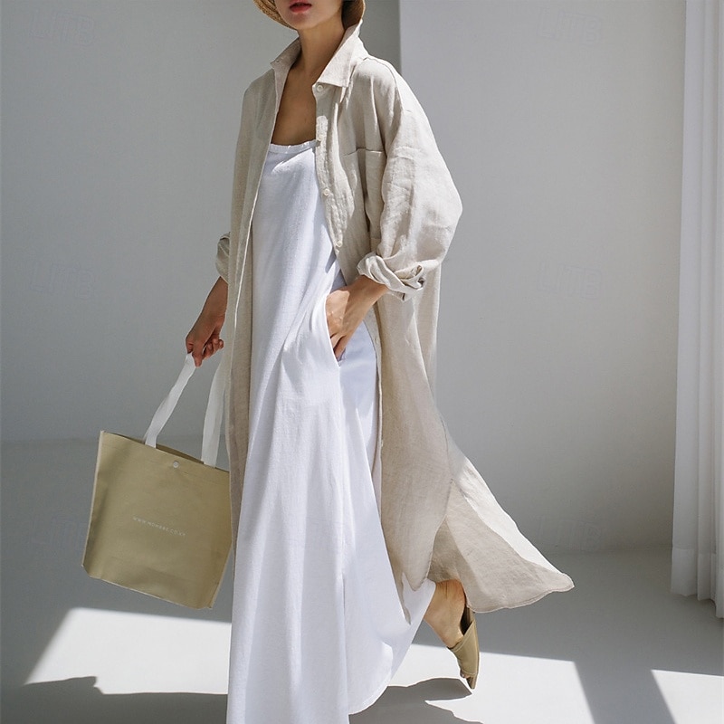 Damen Langes Kleid Maxikleid Leinen-inspirierte Kleider Hemdblusenkleid Freizeitkleid Baumwoll-Leinenkleid Stilvoll Lässig Urlaub Täglich Date Normale Passform Einfach Langarm Revers Schwarz 2025 - $28.99 –P4