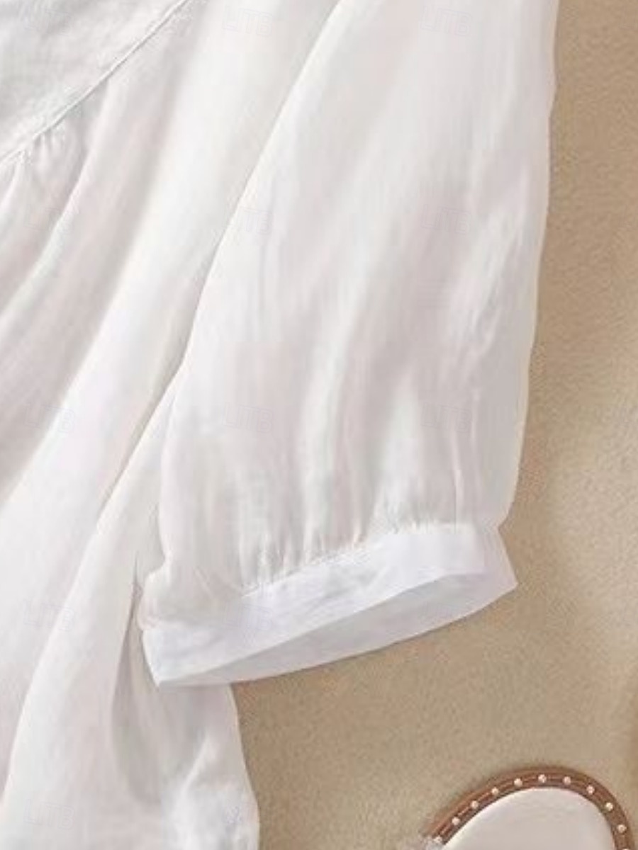 Dame Skjorte Bluse Skjorter i bomullslin Helfarge Grunnleggende Fritid 3/4 ermer Crew-hals Vanlige topper Daglig Broderi Hvit Rosa Blå Kakifarget Sommer Vår 2025 - $21.99 –P5