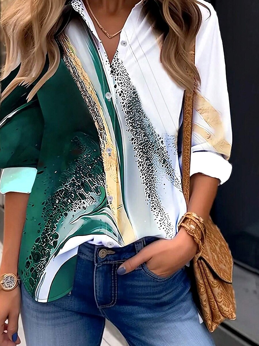 Camicia da donna a maniche lunghe blusa con bottoni grafica ombre marmo quotidiana alla moda colletto camicia lunghe tops quotidiani bottoni stampa verde estate primavera del 2025 a $32.99 –P3