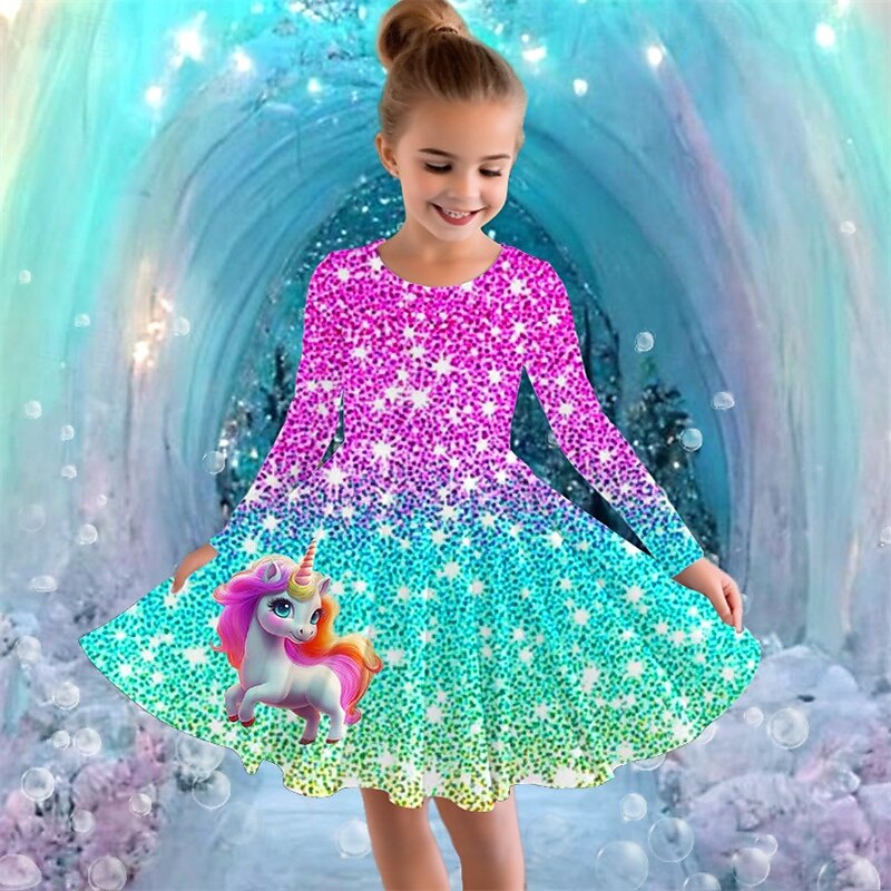 Mädchen' 3D Graphic Einhorn Kleid Langarm Sommer Frühling Urlaub Täglich Festtage Prinzessin Schön Süß kinderkleidung 4-12 Jahre Casual kleid A Linie Kleid Knielang Regular Fit 2025 - $16.99 –P1