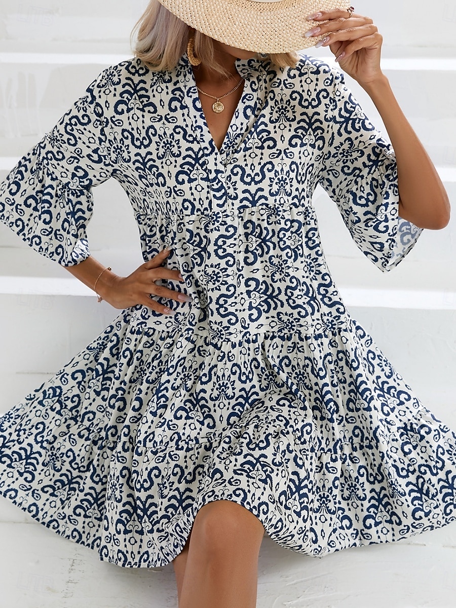 Damen Minikleid Casual kleid Boho Chic Kleider A Linie Kleid Boho-Kleid Böhmen Vintage Urlaub Täglich Regular Fit Blumen 3/4 Ärmel Gekerbter Hals Rosa Blau Sommer 2025 - $25.99 –P8
