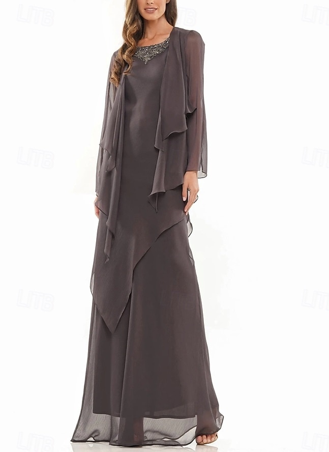 A-Linie Kleid Kleid Sets Brautmutter Kleid Elegant Einfach Rundhalsausschnitt Bodenlang Chiffon Langärmel mit Perlen tierende Rüschen 2025 2025 - $155.99 –P5