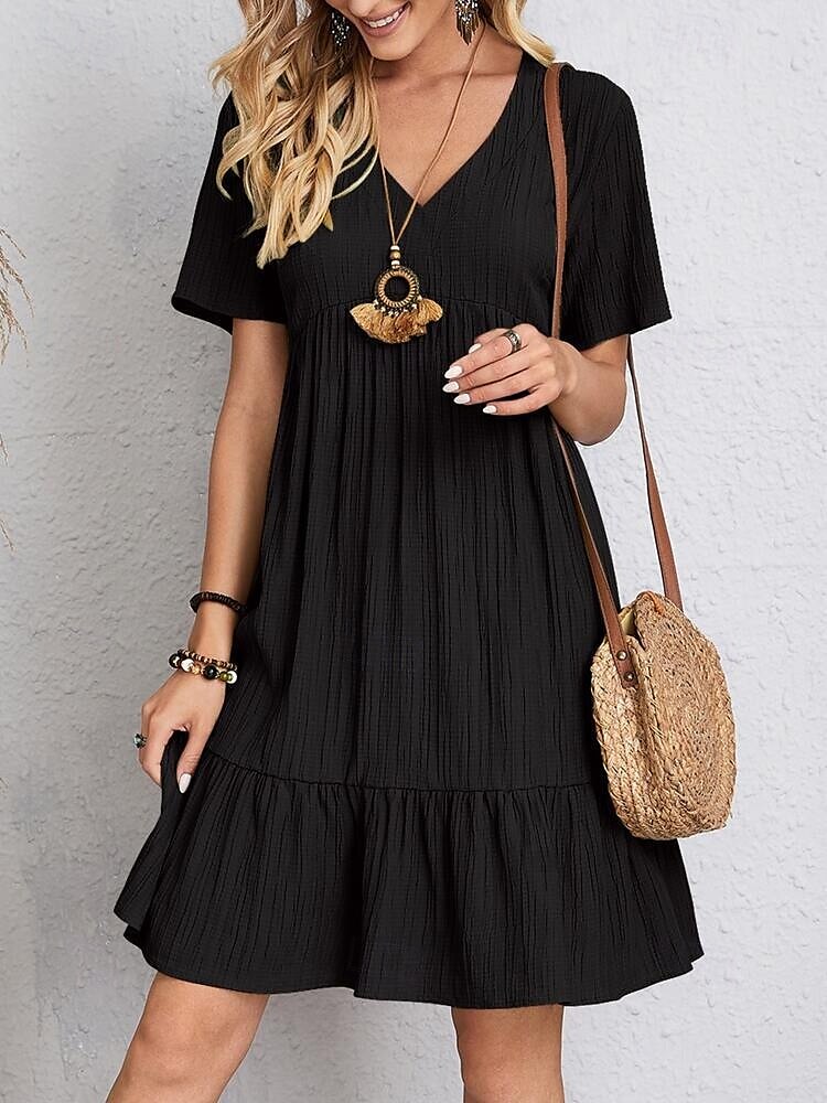 abito da lavoro da donna abito casual abito a trapezio elegante da ufficio quotidiano abito lungo abito lungo patchwork scollo a V manica corta tinta unita vestibilità regolare nero rosa rosso estate del 2025 a $21.99 –P4