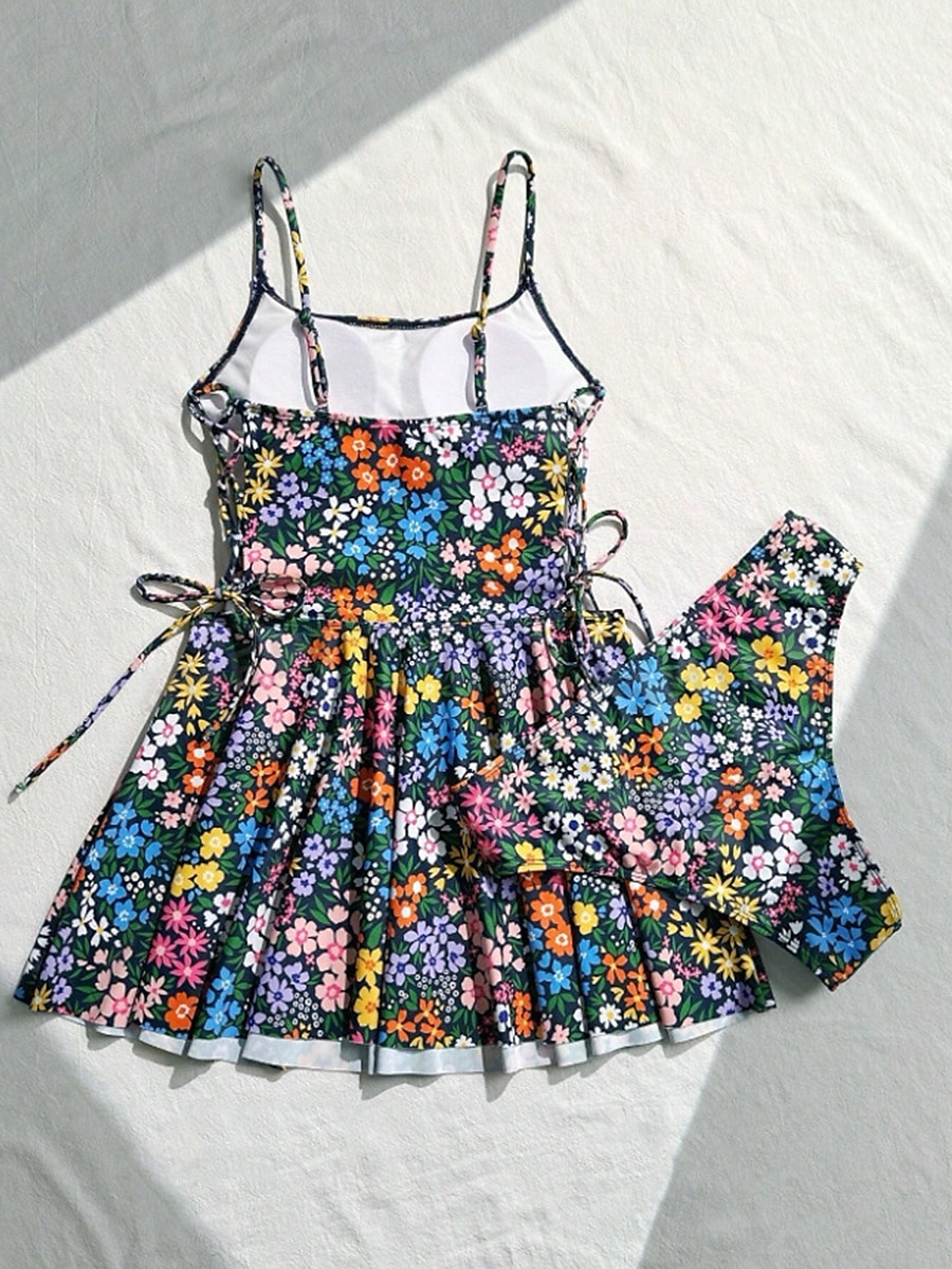 Kvinnors badkläder badklänningar tankini magkontroll baddräkt rygglös hög midja slank semester strandkläder blommig grafisk V-hals ärmlös baddräkt 2025 - $28.99 –P5