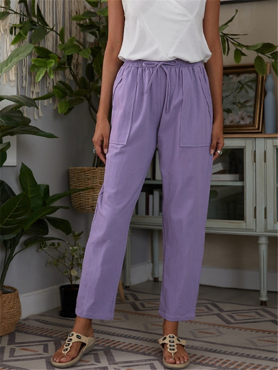 Per donna Pantaloni in cotone e lino Chinos Stile Classico Lunghezza intera Vita Alta Semplice Tasca Fascia Elastica Comodo Morbido Confortevole Micro-elastico All'aperto Streetwear Viola Verde del 2025 a $21.99 –P1