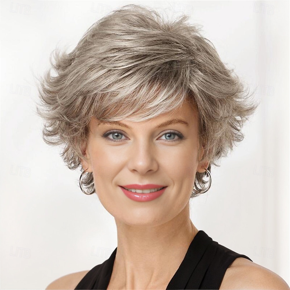 Perruque Synthétique Bouclé Avec Frange Fabriqué à la machine Perruque Court A1 A2 A3 A4 A5 Cheveux Synthétiques Femme Doux Mode Facile à transporter Blond Argent Gris de 2025 ? $19.99 –P2