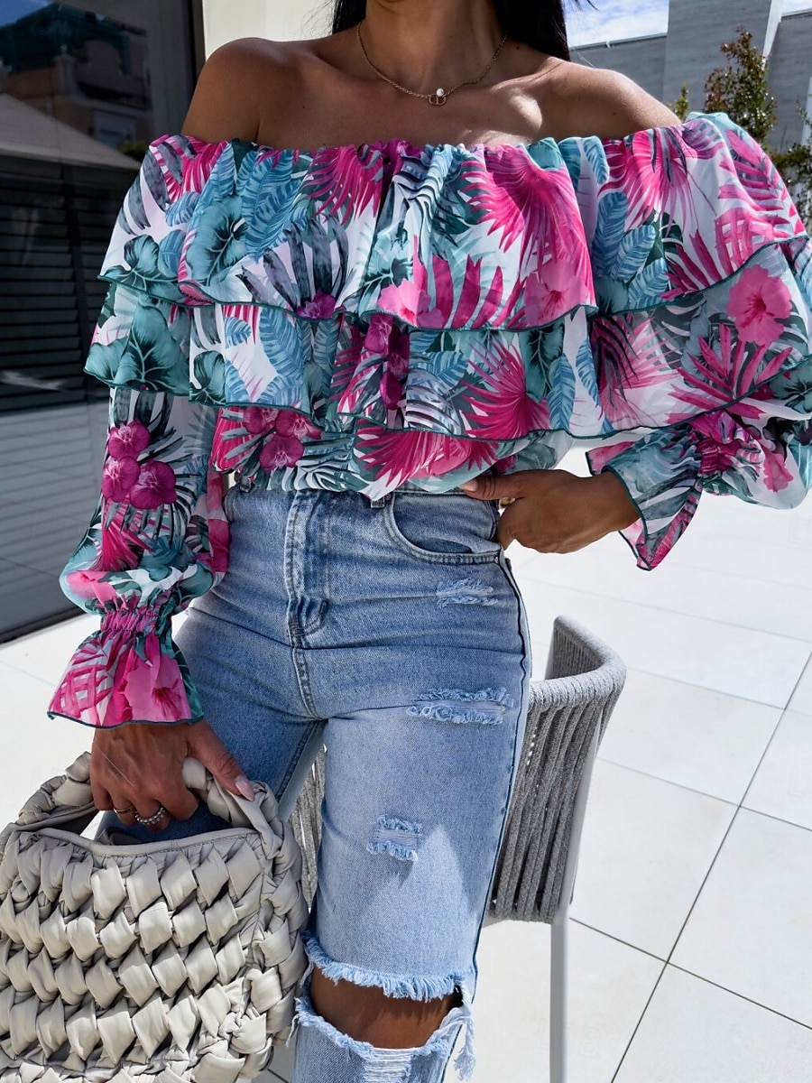 Per donna Camicia Blusa Floreale A foglia Moda Informale Manica lunga Senza spalline Top regolari Giornaliero Con balze Stampa Giallo Rosa Viola Verde Estate Primavera del 2025 a $27.99 –P12