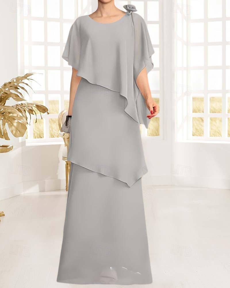 Robe mère de la mariée fourreau  colonne élégante à col bijou longueur sol chiffon floral à courte manche avec volants de 2025 ? $161.99 –P6