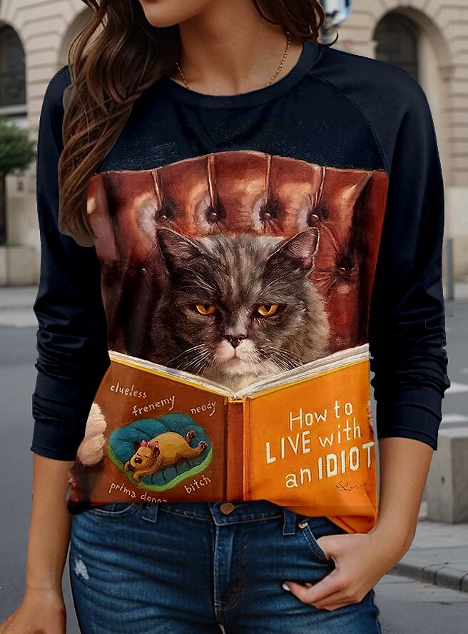 Dame T skjorte Dyr Katt Bokstaver Fritid Langermet Crew-hals Lange topper Daglig Trykt mønster Svart Vår Vinter 2025 - $24.99 –P1