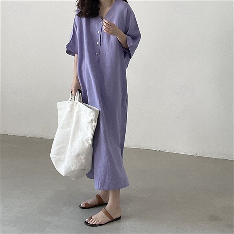 Women's Long Dress Maxi Dress Linen-Inspired Dresses Casual Dress Stylish Ethnic Casual Vacation Daily Date Regular Fit Plain Half Sleeve V Neck Purple Summer Spring 2025 - $28.99 –P4