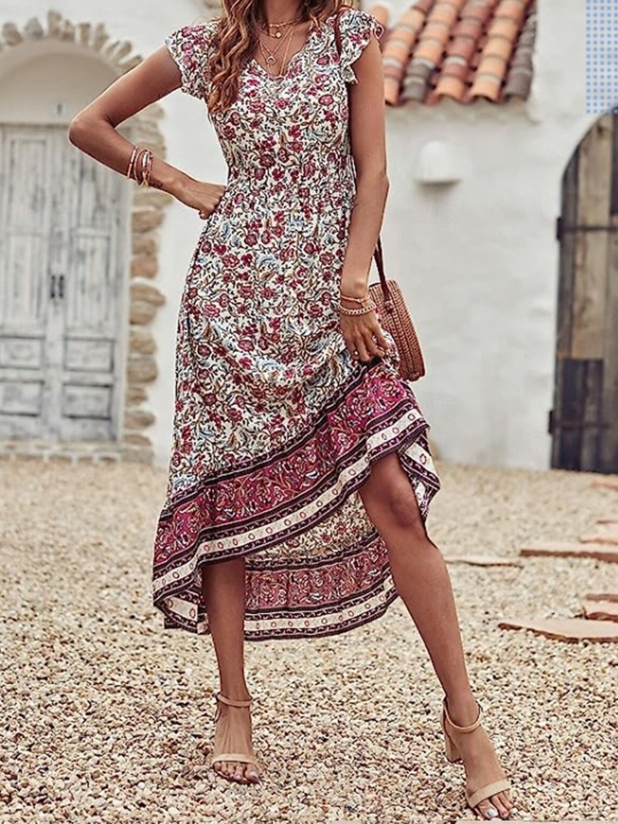 Dámské Midi šaty Volnočasové šaty Áčkové šaty Boho šaty stylové Na běžné nošení Dovolená Denní Běžný Květinový Krátký rukáv Do V Bordó Léto 2025 - $28.99 –P3