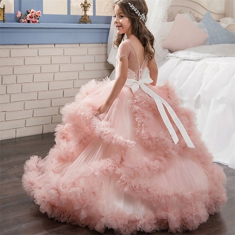 Vestido para Meninas das Flores Crianças Para Meninas Vestido de princesa Espetáculo Casamento Festa Elegante Lindo Com Transparência Côr Sólida Sem Manga Ombro a Ombro Branco Rosa 4 anos + de 2025 por $110.99 –P2