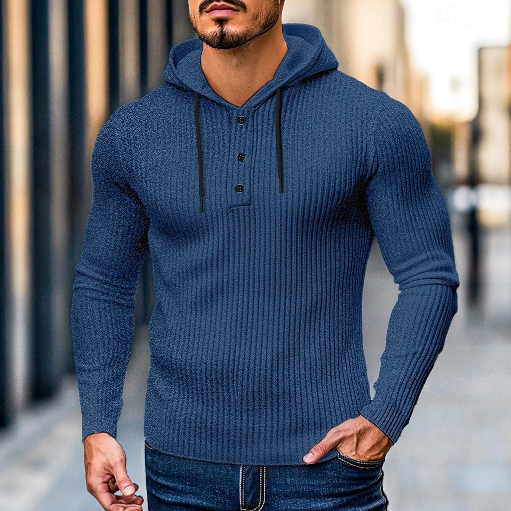 Herr Ribbstickad t-shirt T-tröja Långärmad tröja Långärmad Huva Henley Vår & Höst Ensfärgat Dagligen Ledigt Gatustil Huva Utomhus Gata Casual Ljusblå Svart Vit Topp t-shirt för män 2025 - $22.99 –P1