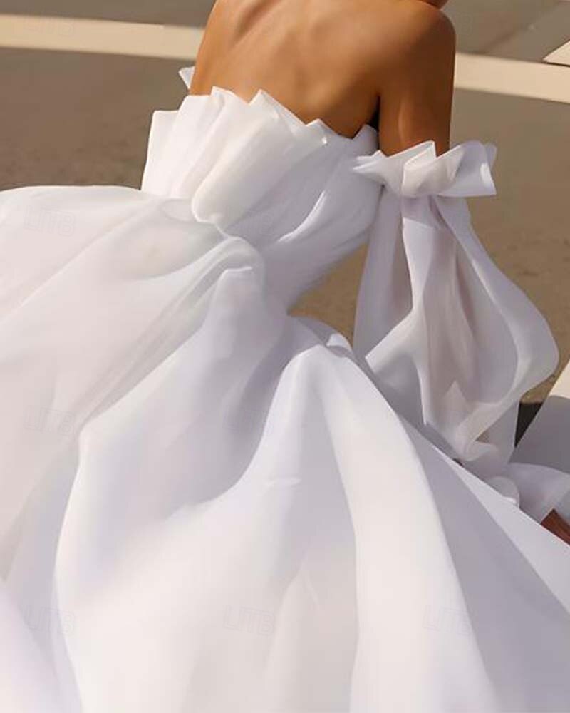 Strandbröllopsklänningar A-Linjeformad Off Shoulder Med Avtagbar Ärmar Golvlängd Organza Bröllopssuits Bröllopsklänningar Med Fållar 2025 - $238.99 –P3