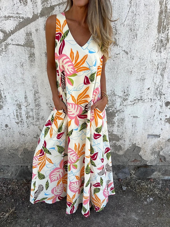 Pentru femei Rochii Midi Rochie casual Rochie A line Stilat Casual Vacanță Zilnic Plajă Fit regulat Floral Frunză Fără manșon În V Albastru Închis Caisă Bej Vară 2025 - $28.99 –P2