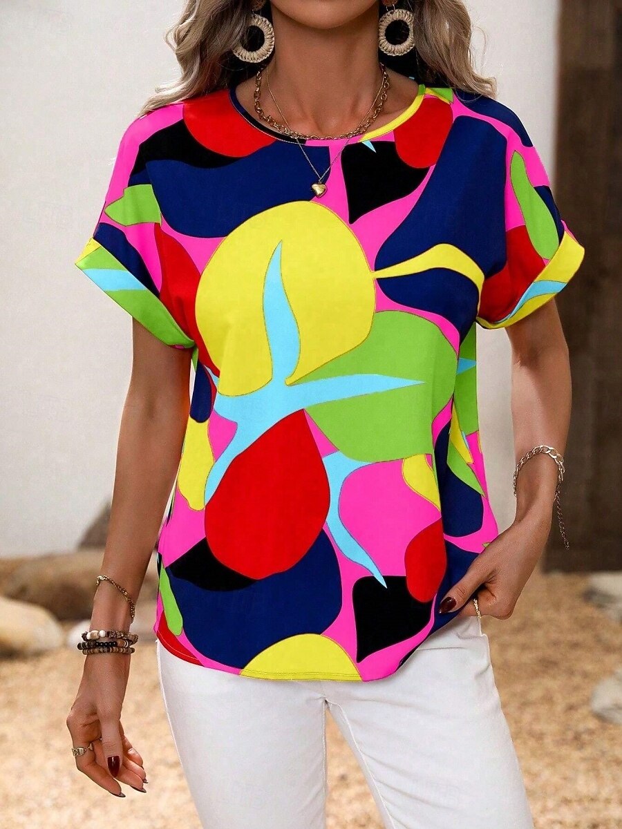 Dame Skjorte Bluse Geometrisk Stilfull Fritid Kortermet Crew-hals Vanlige topper Daglig Trykt mønster Gul Sommer Vår 2025 - $26.99 –P3