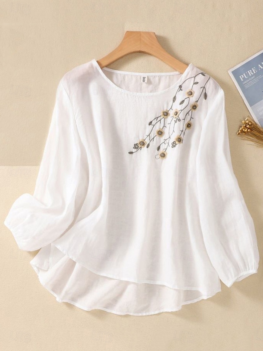 Damen Hemd Leinen-inspirierte Hemden Bluse Blumen Stilvoll Lässig Langarm Rundhalsausschnitt Normale Oberteile Täglich Bestickt Weiß Armeegrün Rote Blau Sommer Frühling Herbst 2025 - $21.99 –P1