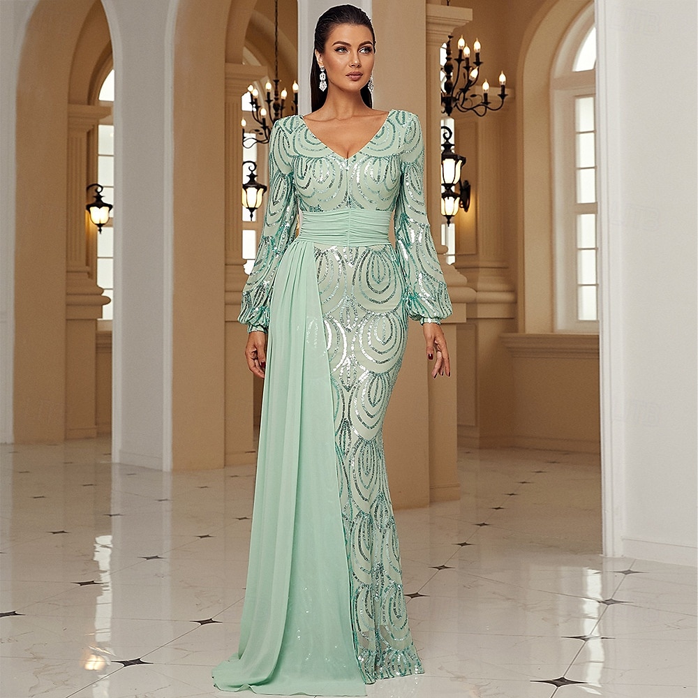 Vestido de Noiva Sereia  Trompete Vestido Elegante Formal Comprimento Total Manga Longa Decote V Bordado com Franjas de Brilho de 2025 por $141.99 –P2